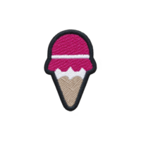 Colorful embroidered patch of ice cream cone with pink scoop and waffle cone design, isolated on transparency background png
