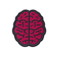 Vibrant embroidered patch in shape of brain, featuring intricate red stitching on transparency background, symbolizing creativity and intelligence png