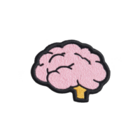 Pink brain patch with black outlines and yellow stem, designed in cartoon style, is displayed on plain background. patch is embroidered, showcasing playful and creative design png