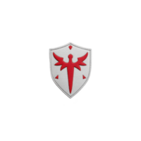 White shield with red emblem featuring stylized winged figure, symbolizing protection and strength. design is simple yet striking, conveying sense of security and valor png