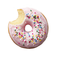 Bitten donut with pink icing and colorful sprinkles on transparency background. vibrant sprinkles add playful touch to sweet treat, making it visually appealing png
