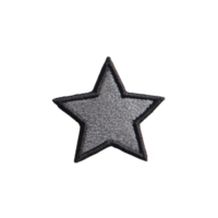 Silver star patch with textured surface and black border, isolated on transparency background. patch is designed for sewing onto clothing or accessories, adding decorative touch png