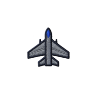Embroidered patch of jet airplane with blue cockpit, showcasing detailed stitching on transparency background. design is simple yet striking, ideal for clothing or accessories png