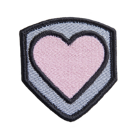Heart shaped patch with pink center and black border is set against light gray shield background, creating charming and playful design png