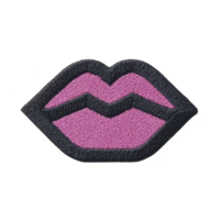 Pink embroidered patch in shape of lips with black outline, showcasing playful and bold design. Perfect for adding fun touch to clothing or accessories png