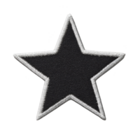 Black star patch with white embroidered border, perfect for adding stylish touch to clothing or accessories. simple design makes it versatile for various fashion applications png