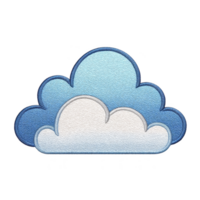 This features blue and white cloud illustration with textured, embroidered appearance, set against transparent background. design is simple and stylized.cloud illustration with embroidered texture png