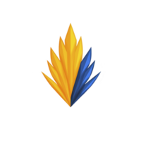 Vibrant abstract design features sharp, geometric shapes in yellow and blue, resembling stylized feathers or leaves. dynamic composition creates sense of movement and energy png