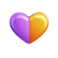 Vibrant, glossy heart shape is divided into two halves, one purple and other orange, symbolizing unity and contrast. smooth, reflective surface adds modern, playful touch png