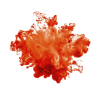 Vibrant explosion of red and orange ink swirls dynamically in water, creating mesmerizing abstract pattern against transparency background png