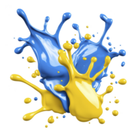 Blue and yellow paint splashes collide in mid air, creating dynamic and vibrant abstract composition. glossy texture and fluid motion convey energy and creativity png