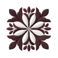 Symmetrical floral design featuring layered maroon and white petals creates elegant and artistic pattern. intricate arrangement of leaves and petals forms harmonious and decorative motif png