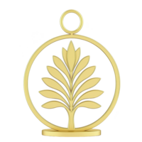 Golden decorative ornament featuring stylized tree design within circular frame, symbolizing growth and elegance. shiny metallic finish adds touch of luxury and sophistication png