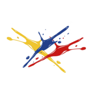 Colorful splashes of yellow, blue, and red paint intersect dynamically, creating energetic and abstract design. vibrant colors and fluid shapes convey sense of movement and creativity png