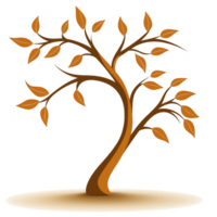 Stylized illustration of tree with curved trunk and branches, featuring brown leaves, set against transparency background. design is simple and elegant, evoking sense of nature and growth png