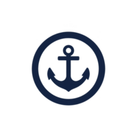 Navy blue anchor symbol is centered within circular border, representing maritime themes and nautical design. simple and bold design conveys stability and strength png