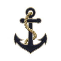 Detailed embroidered anchor patch with gold rope wrapped around it, symbolizing nautical themes and maritime adventures. design is intricate and classic png