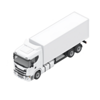 White isometric illustration of semi truck with large trailer, showcasing modern design and clean lines. truck is depicted from elevated angle, highlighting its structure png