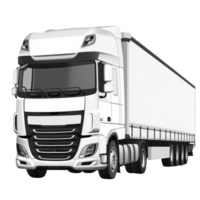 Large white semi truck with trailer is depicted in detailed illustration, showcasing its modern design and aerodynamic features. truck is positioned at angle, highlighting its size and structure png