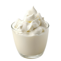 Glass bowl filled with creamy, smooth whipped cream, showcasing its fluffy texture and rich appearance. whipped cream is piled high, creating inviting and indulgent look png