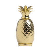 Shiny golden pineapple shaped ornament with textured surface and smooth finish, reflecting light elegantly. This decorative piece adds touch of luxury and tropical flair to any space png