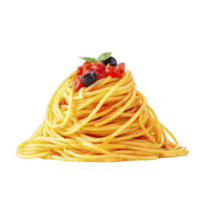 Delicious serving of spaghetti topped with tomato sauce, black olives, and fresh basil, creating vibrant and appetizing dish png