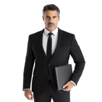 Confident businessman in black suit holding folder, exuding professionalism and authority. image conveys sense of leadership and success, ideal for corporate themes png