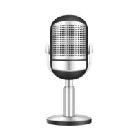 Classic silver and black microphone with vintage design, featuring mesh grille and sturdy stand, perfect for recording or broadcasting png
