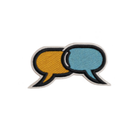 Two overlapping speech bubbles, one orange and one blue, are depicted in patch style on transparency background, symbolizing communication and dialogue png