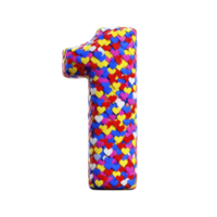 Colorful number one is covered in vibrant heart patterns, creating playful and cheerful design. hearts are in various colors, adding lively and festive touch to numeral png