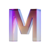 3D glass letter M with gradient of purple, pink, and blue hues, reflecting light and creating modern, futuristic look. transparent material adds depth and elegance png