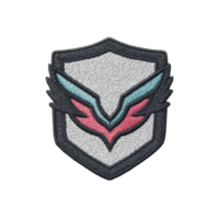 This features embroidered patch with shield design, incorporating stylized wings in blue and red. patch has textured appearance, suitable for clothing or accessories png