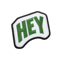 White fabric patch with word HEY embroidered in bold green letters, outlined in black, creating playful and inviting design png