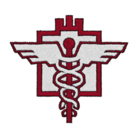 This features stylized emblem with caduceus symbol, often associated with medicine and healthcare, set against geometric background. design is embroidered with red and gray colors, giving it bold png