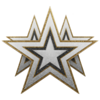 Cluster of three overlapping stars with glittery gold and silver design creates festive and celebratory atmosphere. stars are layered, adding depth and sense of elegance png