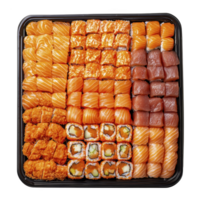 Large platter of assorted sushi, including salmon nigiri, tuna nigiri, and various sushi rolls, is neatly arranged in black tray. vibrant colors and textures create appetizing display png