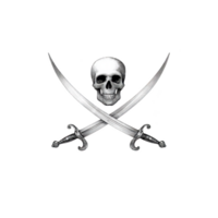 Skull and crossbones with crossed swords symbolizes piracy and danger. design features detailed skull above two crossed swords, evoking sense of adventure and rebellion png