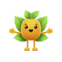 Cute, smiling cartoon fruit character with green leaf arms and legs, expressing joy. character is yellow with round body and simple facial features, standing on transparency background png