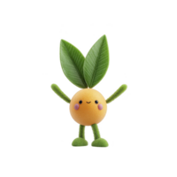 Cute, smiling orange character with green leaf arms and legs stands cheerfully, featuring playful expression. character design is simple and whimsical, appealing to sense of fun and creativity png
