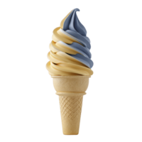 Swirl of blue and yellow soft serve ice cream sits atop classic waffle cone, creating visually appealing and delicious treat. smooth texture and vibrant colors make it perfect for refreshing png