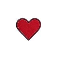 Red heart shaped fabric patch with white stitching on transparency background, symbolizing love and affection. patch has textured appearance, adding handmade feel png