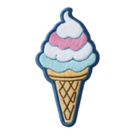 This features embroidered patch of ice cream cone with blue outline. cone has waffle pattern, and ice cream is swirled with white, pink, and blue colors, creating playful and cheerful design png
