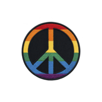 Round patch features peace symbol with vibrant rainbow colors, symbolizing diversity and harmony. design is embroidered on transparency background, creating striking contrast png