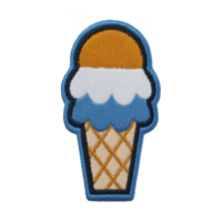 Embroidered patch of ice cream cone with blue border, featuring waffle cone and two scoops of ice cream in orange and white. design is playful and colorful png