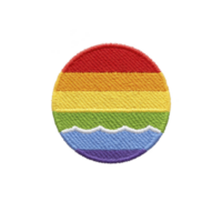 Round embroidered patch features horizontal stripes in rainbow colors, symbolizing diversity and inclusion. vibrant design is often associated with pride and equality movements png