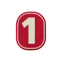 Red embroidered patch with white number one on transparency background, symbolizing achievement or rank. patch has rounded rectangular shape with bold design png