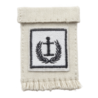 Fabric patch with embroidered anchor and laurel design, symbolizing maritime themes. patch is rectangular with fringed edges, featuring black and white color scheme png
