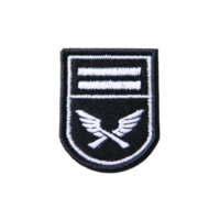 This shows black and white embroidered patch featuring two crossed wings and three horizontal bars above them. design is simple and symmetrical.Patch with crossed wings and bars, black and white png