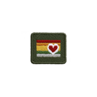 Square embroidered patch features colorful horizontal stripe design with heart symbol in center, set against dark green border. vibrant colors and heart create cheerful and inclusive vibe png