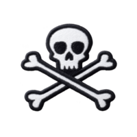 Skull and crossbones emblem with black outline and white stitching, symbolizing danger or piracy. design is simple and bold, often associated with warning signs or pirate themes png